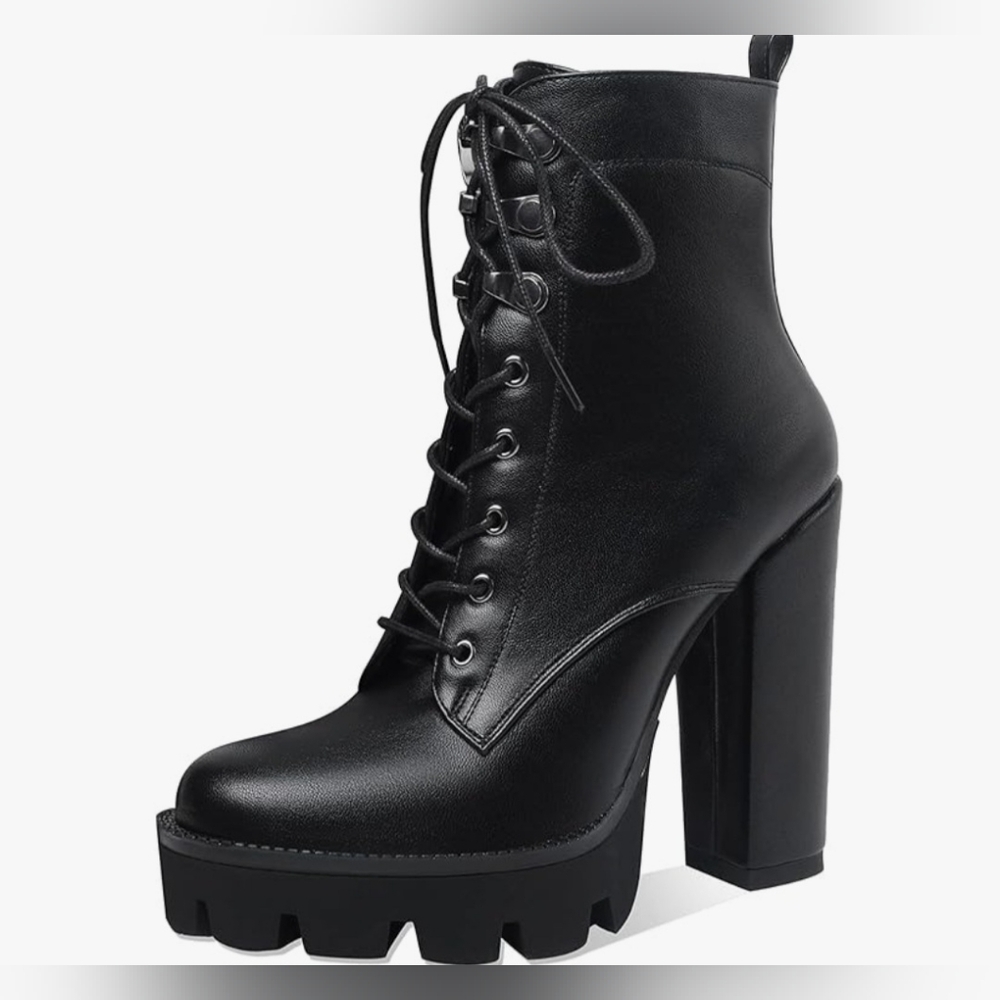 Black Lace-Up Chunky Heel Ankle Boots